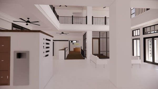 3D rendering of renovated interior with white walls, benches, doors and windows, a very minimalist style, and two stories with an open ceiling showing railings 